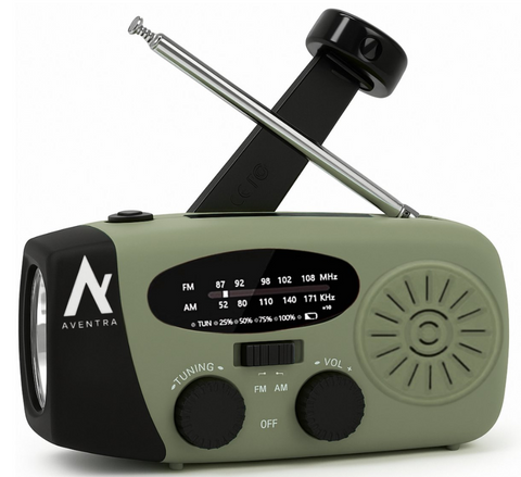 Compact green emergency radio with solar charging and flashlight